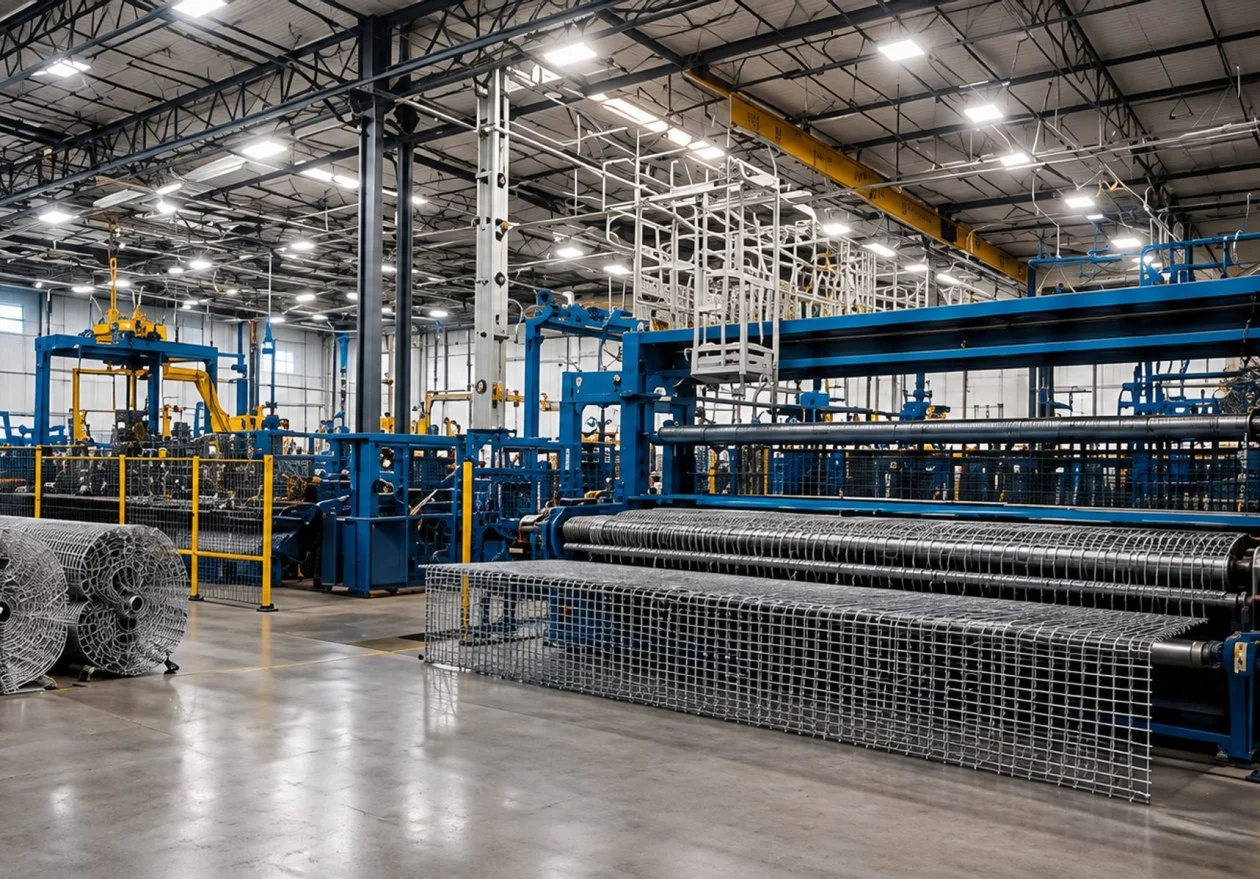 Inside the Ferrier Wire facility: rolls of welded mesh in front of the production line