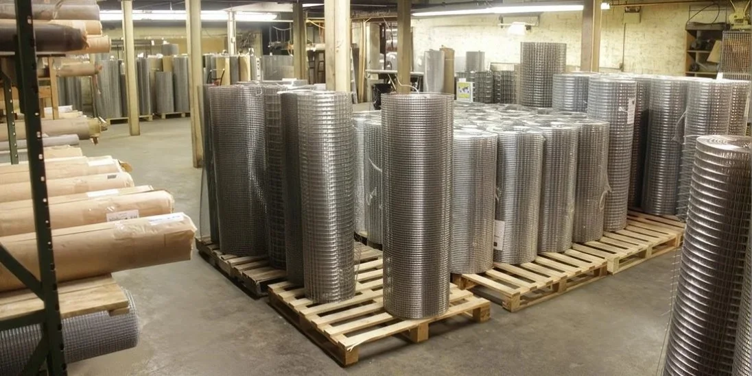 Rolls of welded wire mesh stacked on pallets in the warehouse